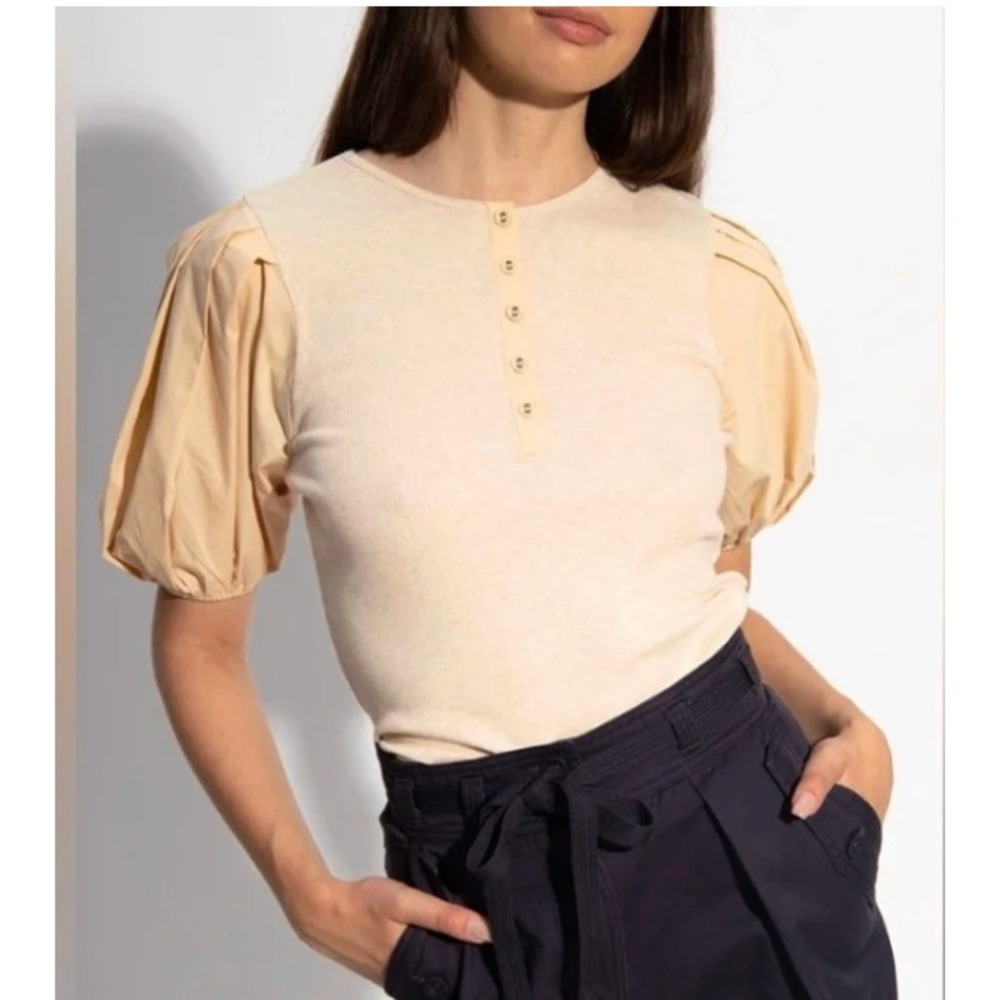 Ulla Johnson Kara Size M Cream Puff Sleeve Ribbed Cotton Henley Blouse Designer